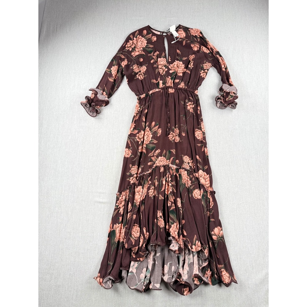 Johanna Ortiz x HM Floral Maxi Dress Burgundy Ruffle High Low XS 0832095 0